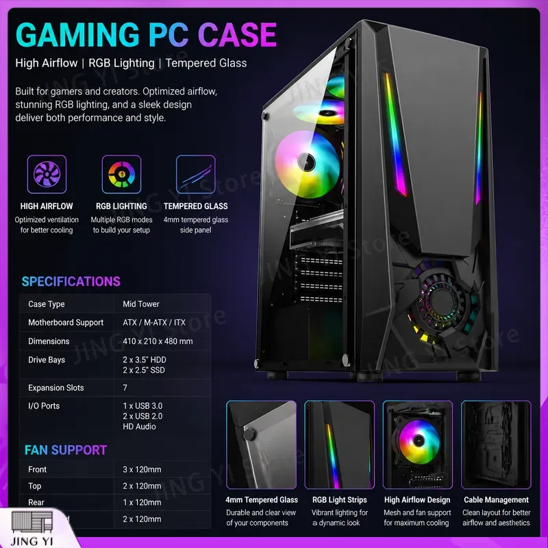 Gaming Hardware And Accessories - ATX Oyun Bilgisayarı Kasası Temperli Cam